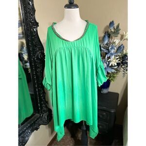 ASHRO Short Sleeve Plus Size Green Blouse Tunic Size 3X